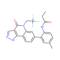 CCC(=O)Nc1ccc(C)cc1-c1ccc2c3[nH]ncc3c(=O)n(CC(F)(F)F)c2c1 ZINC000205938969