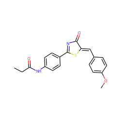 CCC(=O)Nc1ccc(C2=NC(=O)/C(=C/c3ccc(OC)cc3)S2)cc1 ZINC000084654225