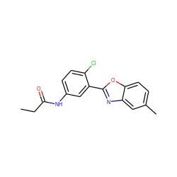 CCC(=O)Nc1ccc(Cl)c(-c2nc3cc(C)ccc3o2)c1 ZINC000000444715