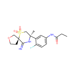 CCC(=O)Nc1ccc(F)c([C@]2(C)CS(=O)(=O)[C@]3(CCOC3)C(=N)N2)c1 ZINC000147247130