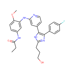 CCC(=O)Nc1ccc(OC)c(Nc2cc(-c3[nH]c(CCCO)nc3-c3ccc(F)cc3)ccn2)c1 ZINC001772588107