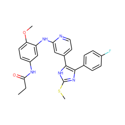 CCC(=O)Nc1ccc(OC)c(Nc2cc(-c3[nH]c(SC)nc3-c3ccc(F)cc3)ccn2)c1 ZINC001772620375