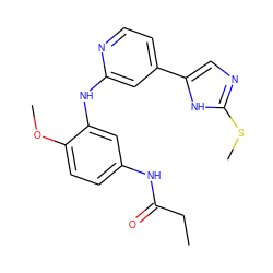 CCC(=O)Nc1ccc(OC)c(Nc2cc(-c3cnc(SC)[nH]3)ccn2)c1 ZINC001772599913