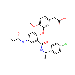 CCC(=O)Nc1ccc(Oc2cc(CC(=O)O)ccc2OC)c(C(=O)N[C@@H](C)c2ccc(Cl)cc2)c1 ZINC000073221097