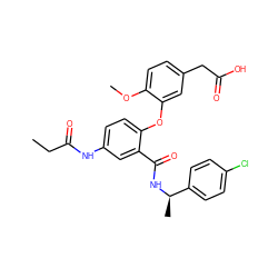 CCC(=O)Nc1ccc(Oc2cc(CC(=O)O)ccc2OC)c(C(=O)N[C@H](C)c2ccc(Cl)cc2)c1 ZINC000082157759