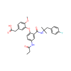 CCC(=O)Nc1ccc(Oc2cc(CC(=O)O)ccc2OC)c(C(=O)NC(C)(C)Cc2ccc(F)cc2)c1 ZINC000073224849