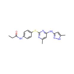 CCC(=O)Nc1ccc(Sc2nc(C)cc(Nc3cc(C)[nH]n3)n2)cc1 ZINC000043075051