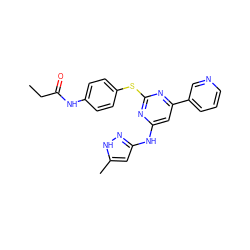 CCC(=O)Nc1ccc(Sc2nc(Nc3cc(C)[nH]n3)cc(-c3cccnc3)n2)cc1 ZINC000042989648