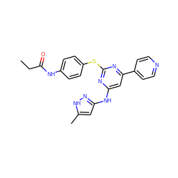 CCC(=O)Nc1ccc(Sc2nc(Nc3cc(C)[nH]n3)cc(-c3ccncc3)n2)cc1 ZINC000043120890