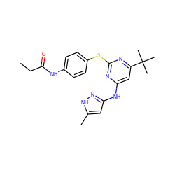 CCC(=O)Nc1ccc(Sc2nc(Nc3cc(C)[nH]n3)cc(C(C)(C)C)n2)cc1 ZINC000043120290