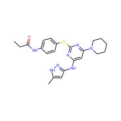 CCC(=O)Nc1ccc(Sc2nc(Nc3cc(C)[nH]n3)cc(N3CCCCC3)n2)cc1 ZINC000038428863