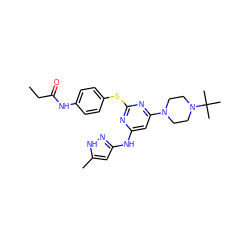 CCC(=O)Nc1ccc(Sc2nc(Nc3cc(C)[nH]n3)cc(N3CCN(C(C)(C)C)CC3)n2)cc1 ZINC000038852460