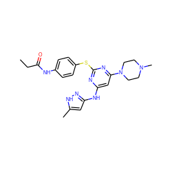 CCC(=O)Nc1ccc(Sc2nc(Nc3cc(C)[nH]n3)cc(N3CCN(C)CC3)n2)cc1 ZINC000038562903