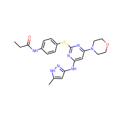 CCC(=O)Nc1ccc(Sc2nc(Nc3cc(C)[nH]n3)cc(N3CCOCC3)n2)cc1 ZINC000034207897