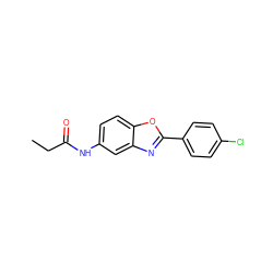 CCC(=O)Nc1ccc2oc(-c3ccc(Cl)cc3)nc2c1 ZINC000000884875