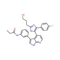 CCC(=O)Nc1cccc(-c2c[nH]c3nccc(-c4[nH]c(CCCO)nc4-c4ccc(F)cc4)c23)c1 ZINC001772619023