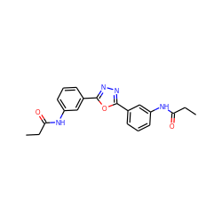 CCC(=O)Nc1cccc(-c2nnc(-c3cccc(NC(=O)CC)c3)o2)c1 ZINC000002302126