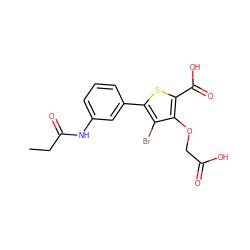 CCC(=O)Nc1cccc(-c2sc(C(=O)O)c(OCC(=O)O)c2Br)c1 ZINC000028711528