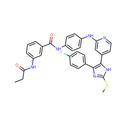 CCC(=O)Nc1cccc(C(=O)Nc2ccc(Nc3cc(-c4[nH]c(SC)nc4-c4ccc(F)cc4)ccn3)cc2)c1 ZINC001772601802