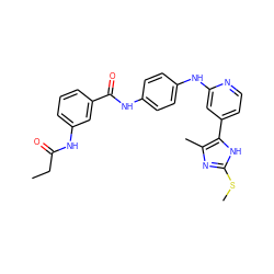 CCC(=O)Nc1cccc(C(=O)Nc2ccc(Nc3cc(-c4[nH]c(SC)nc4C)ccn3)cc2)c1 ZINC001772628723