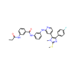 CCC(=O)Nc1cccc(C(=O)Nc2cccc(Nc3cc(-c4c(-c5ccc(F)cc5)nc(SC)n4C)ccn3)c2)c1 ZINC001772602734