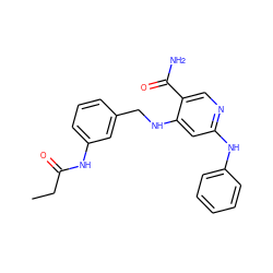 CCC(=O)Nc1cccc(CNc2cc(Nc3ccccc3)ncc2C(N)=O)c1 ZINC001772642194