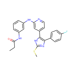 CCC(=O)Nc1cccc(Nc2cc(-c3[nH]c(SC)nc3-c3ccc(F)cc3)ccn2)c1 ZINC001772658203