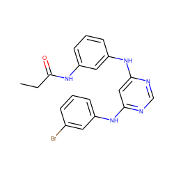 CCC(=O)Nc1cccc(Nc2cc(Nc3cccc(Br)c3)ncn2)c1 ZINC000114405856