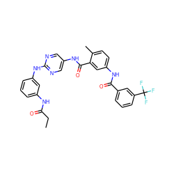 CCC(=O)Nc1cccc(Nc2ncc(NC(=O)c3cc(NC(=O)c4cccc(C(F)(F)F)c4)ccc3C)cn2)c1 ZINC000169352891