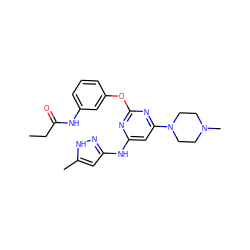 CCC(=O)Nc1cccc(Oc2nc(Nc3cc(C)[nH]n3)cc(N3CCN(C)CC3)n2)c1 ZINC000261129704