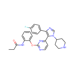 CCC(=O)Nc1ccccc1Oc1nccc(-c2c(-c3ccc(F)cc3)ncn2C2CCNCC2)n1 ZINC000036127118