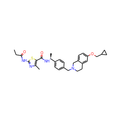 CCC(=O)Nc1nc(C)c(C(=O)N[C@@H](C)c2ccc(CN3CCc4cc(OCC5CC5)ccc4C3)cc2)s1 ZINC001772582733