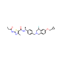 CCC(=O)Nc1nc(C)c(C(=O)N[C@@H](C)c2ccc(CN3Cc4ccc(OCC5CC5)cc4[C@H](F)C3)cc2)s1 ZINC001772617595