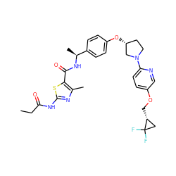 CCC(=O)Nc1nc(C)c(C(=O)N[C@@H](C)c2ccc(O[C@@H]3CCN(c4ccc(OC[C@@H]5CC5(F)F)cn4)C3)cc2)s1 ZINC000169709381