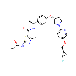 CCC(=O)Nc1nc(C)c(C(=O)N[C@@H](C)c2ccc(O[C@@H]3CCN(c4ccc(OC[C@H]5CC5(F)F)cn4)C3)cc2)s1 ZINC000169709380