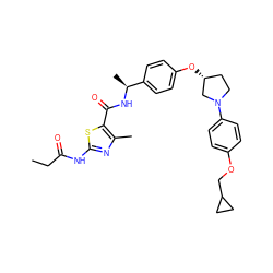 CCC(=O)Nc1nc(C)c(C(=O)N[C@@H](C)c2ccc(O[C@@H]3CCN(c4ccc(OCC5CC5)cc4)C3)cc2)s1 ZINC000209123932