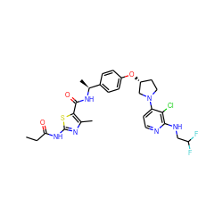 CCC(=O)Nc1nc(C)c(C(=O)N[C@@H](C)c2ccc(O[C@@H]3CCN(c4ccnc(NCC(F)F)c4Cl)C3)cc2)s1 ZINC000169709379