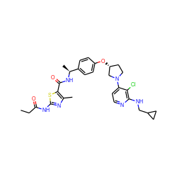 CCC(=O)Nc1nc(C)c(C(=O)N[C@@H](C)c2ccc(O[C@@H]3CCN(c4ccnc(NCC5CC5)c4Cl)C3)cc2)s1 ZINC000169709376