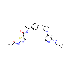 CCC(=O)Nc1nc(C)c(C(=O)N[C@@H](C)c2ccc(O[C@@H]3CCN(c4ccnc(NCC5CC5)c4F)C3)cc2)s1 ZINC000169709378