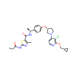 CCC(=O)Nc1nc(C)c(C(=O)N[C@@H](C)c2ccc(O[C@@H]3CCN(c4ccnc(OCC5CC5)c4Cl)C3)cc2)s1 ZINC000169709852