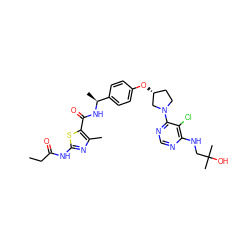 CCC(=O)Nc1nc(C)c(C(=O)N[C@@H](C)c2ccc(O[C@@H]3CCN(c4ncnc(NCC(C)(C)O)c4Cl)C3)cc2)s1 ZINC000261114272