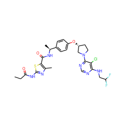 CCC(=O)Nc1nc(C)c(C(=O)N[C@@H](C)c2ccc(O[C@@H]3CCN(c4ncnc(NCC(F)F)c4Cl)C3)cc2)s1 ZINC000261152753