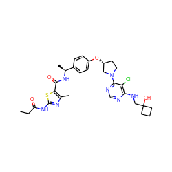 CCC(=O)Nc1nc(C)c(C(=O)N[C@@H](C)c2ccc(O[C@@H]3CCN(c4ncnc(NCC5(O)CCC5)c4Cl)C3)cc2)s1 ZINC000261154195