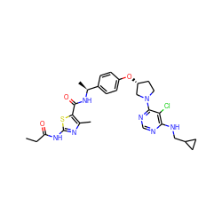 CCC(=O)Nc1nc(C)c(C(=O)N[C@@H](C)c2ccc(O[C@@H]3CCN(c4ncnc(NCC5CC5)c4Cl)C3)cc2)s1 ZINC000261132796