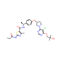 CCC(=O)Nc1nc(C)c(C(=O)N[C@@H](C)c2ccc(O[C@@H]3CCN(c4ncnc(OCC(C)(C)O)c4Cl)C3)cc2)s1 ZINC000261149368