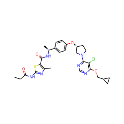 CCC(=O)Nc1nc(C)c(C(=O)N[C@@H](C)c2ccc(O[C@@H]3CCN(c4ncnc(OCC5CC5)c4Cl)C3)cc2)s1 ZINC000261160991