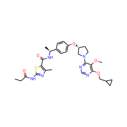 CCC(=O)Nc1nc(C)c(C(=O)N[C@@H](C)c2ccc(O[C@@H]3CCN(c4ncnc(OCC5CC5)c4OC)C3)cc2)s1 ZINC000261135420