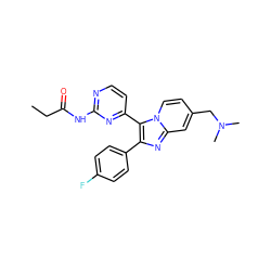 CCC(=O)Nc1nccc(-c2c(-c3ccc(F)cc3)nc3cc(CN(C)C)ccn23)n1 ZINC000028963719