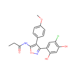 CCC(=O)Nc1onc(-c2cc(Cl)c(O)cc2O)c1-c1ccc(OC)cc1 ZINC000299837985