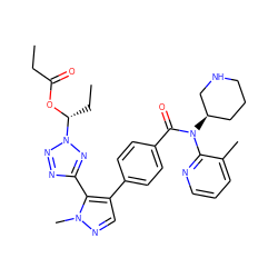 CCC(=O)O[C@H](CC)n1nnc(-c2c(-c3ccc(C(=O)N(c4ncccc4C)[C@@H]4CCCNC4)cc3)cnn2C)n1 ZINC001772582277